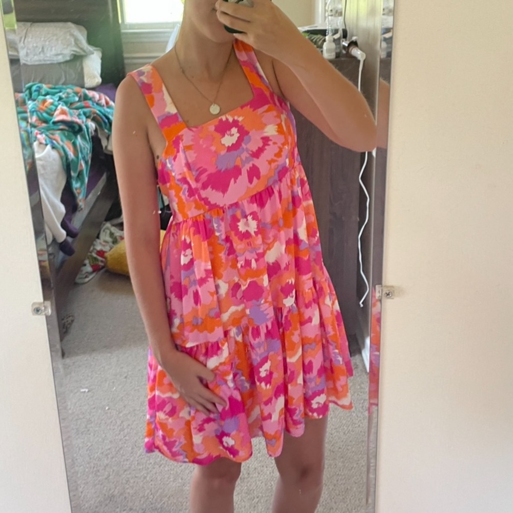 NWT Adrienne Multi Color Orange and Pink Tie Dye Tiered Dress w square neck Flow